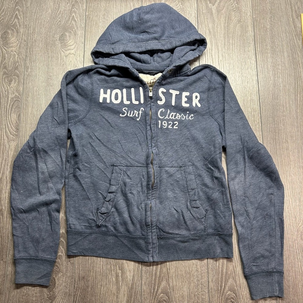 Hollister Surf Classic 1922 Zip Up Hoodie Large Blue Y2K Logo Sweatshirt Womens
